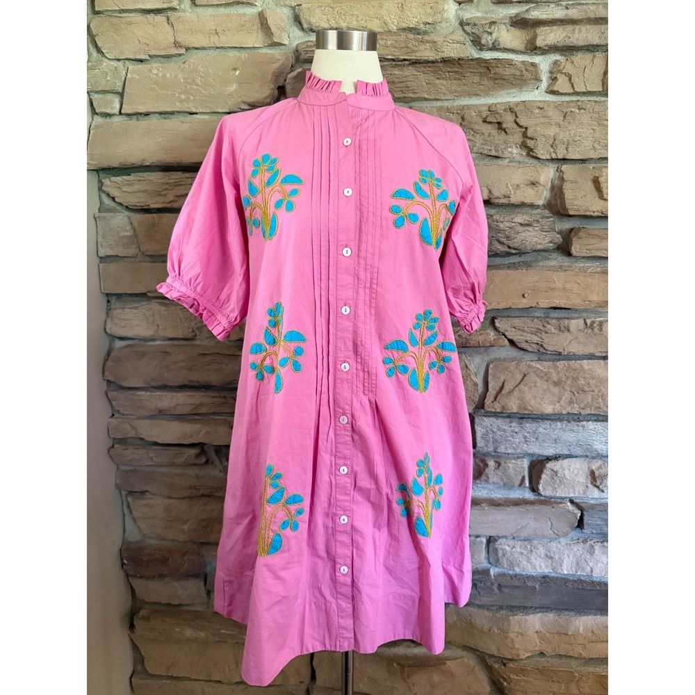 Uncle Frank Pink Embroidered Cotton Shift Dress Ruffle Neck Pintuck Small - Picture 3 of 10